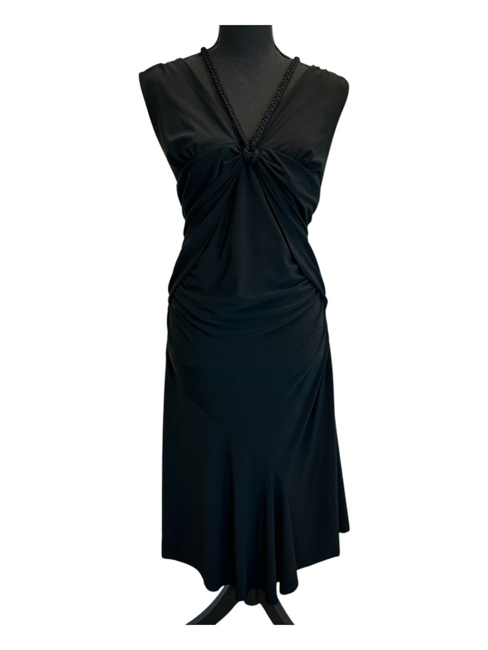 Black twist-front sheath dress sleeveless v-neck ruched bodice Sz m